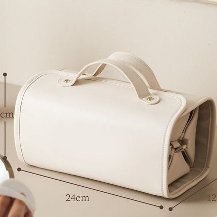 White Roll-Up Travel Makeup Bag - Compact Cosmetic Organizer with Multiple Compartments.
