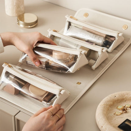 White Roll-Up Travel Makeup Bag - Compact Cosmetic Organizer with Multiple Compartments.