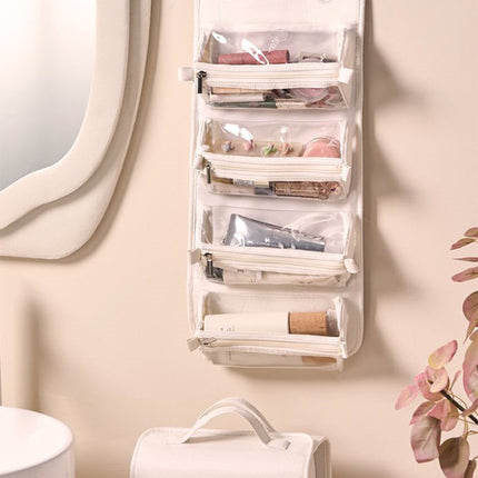 White Roll-Up Travel Makeup Bag - Compact Cosmetic Organizer with Multiple Compartments.