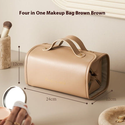 Brown Roll-Up Travel Makeup Bag - Compact Cosmetic Organizer with Multiple Compartments.