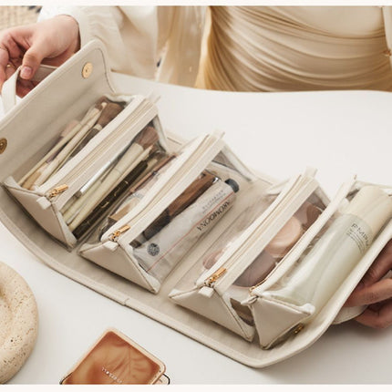 Brown Roll-Up Travel Makeup Bag - Compact Cosmetic Organizer with Multiple Compartments.