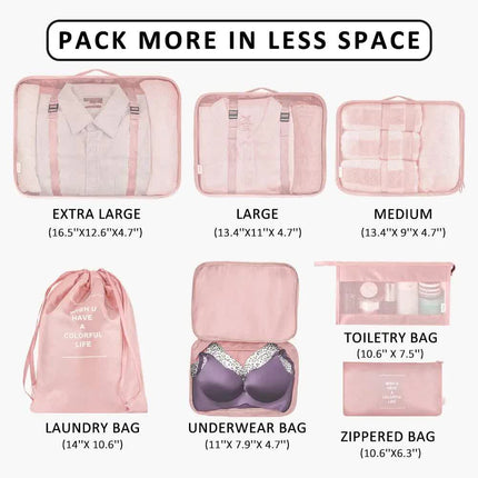 Pink Travel Packing Cube Set - 7-Piece Luggage Organizer for Clothes, Toiletries, and Accessories.