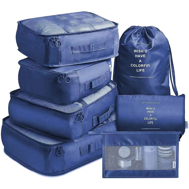 Navy Blue Travel Packing Cube Set - 7-Piece Luggage Organizer for Clothes, Toiletries, and Accessories.