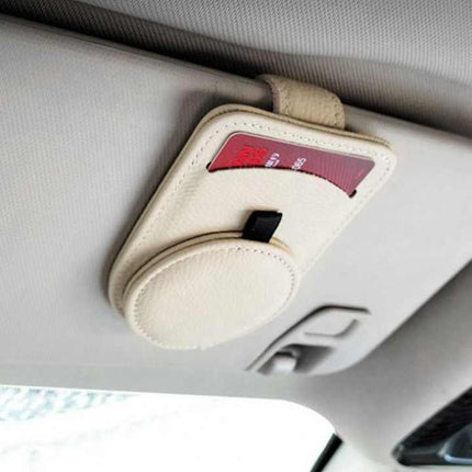 Beige Multifunctional Car Sun Visor Glasses Clip with Card Holder - Compact and Convenient.
