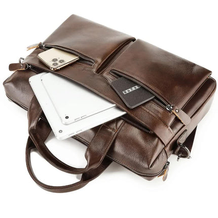 Coffee Men's Genuine Leather Briefcase - Classic Business Messenger Bag.