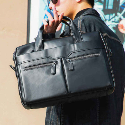 Black Men's Genuine Leather Briefcase - Classic Business Messenger Bag.