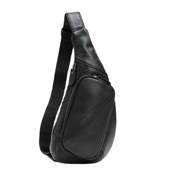 Black Men's Leather Sling Backpack - Casual Crossbody Chest Bag.