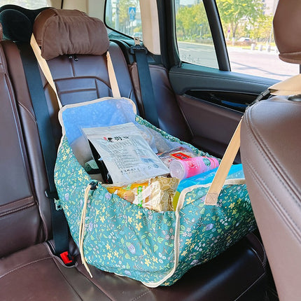Green Car Back Seat Organizer Hammock - Portable Storage Solution.