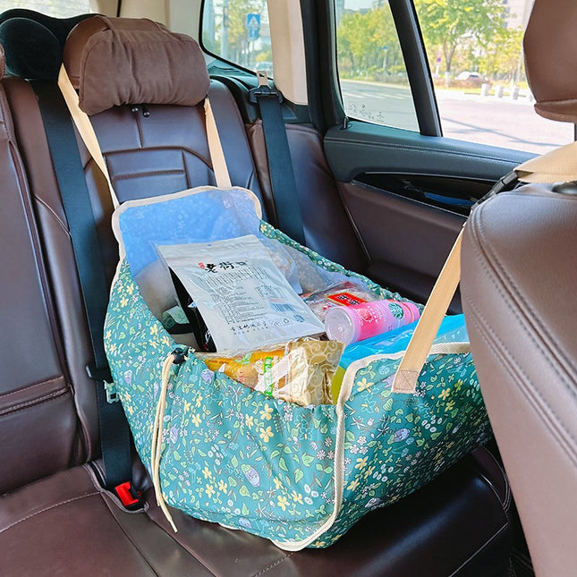 Green Car Back Seat Organizer Hammock - Portable Storage Solution.