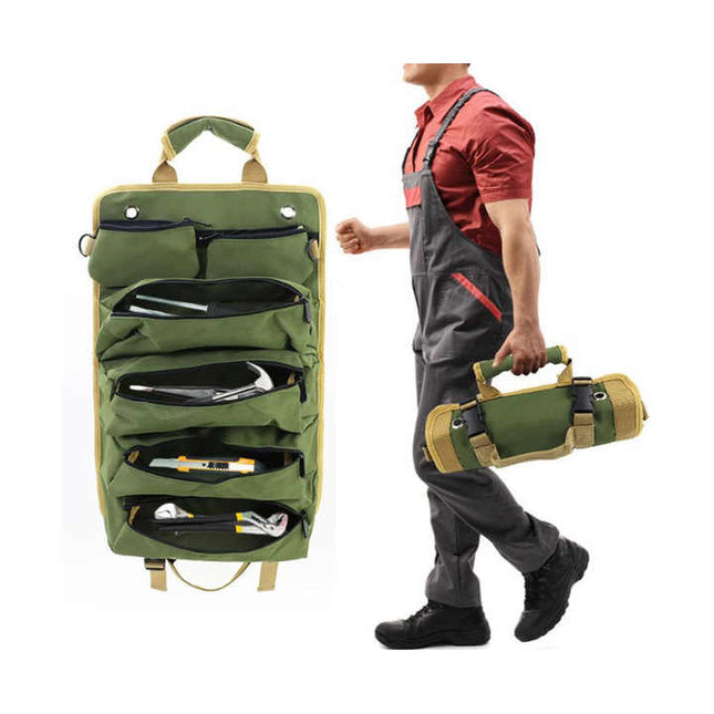 Green Portable Roll-Up Tool Organizer with Zippered Pockets.