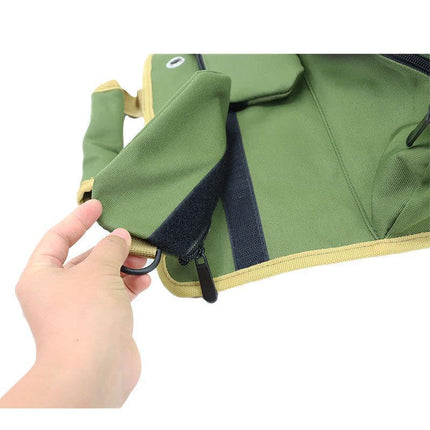Green Portable Roll-Up Tool Organizer with Zippered Pockets.