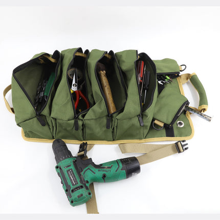 Green Portable Roll-Up Tool Organizer with Zippered Pockets.