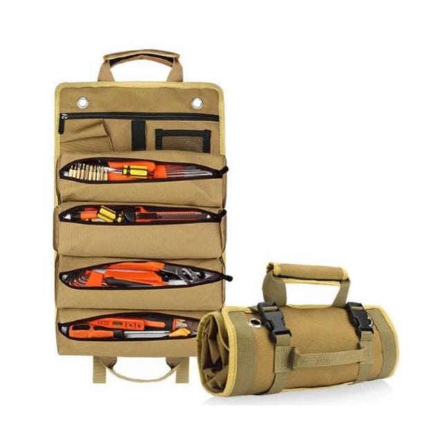 Khaki Portable Roll-Up Tool Organizer with Zippered Pockets.