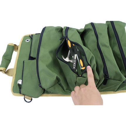 Khaki Portable Roll-Up Tool Organizer with Zippered Pockets.