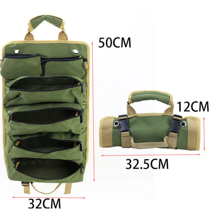 Khaki Portable Roll-Up Tool Organizer with Zippered Pockets.