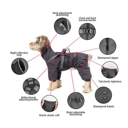 S Laser Adjustable Waterproof Reflective Dog Raincoat with Harness Design.