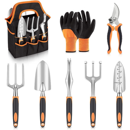 Orange 8-Piece Heavy-Duty Gardening Tool Set with Ergonomic Handles and Storage Bag.