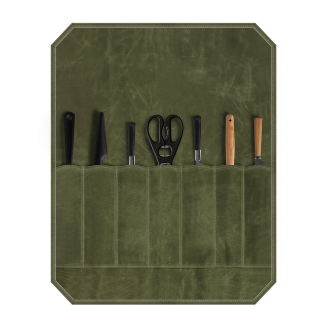 Green Durable Waxed Canvas Knife Roll Bag - Portable Chef Tool Organizer.