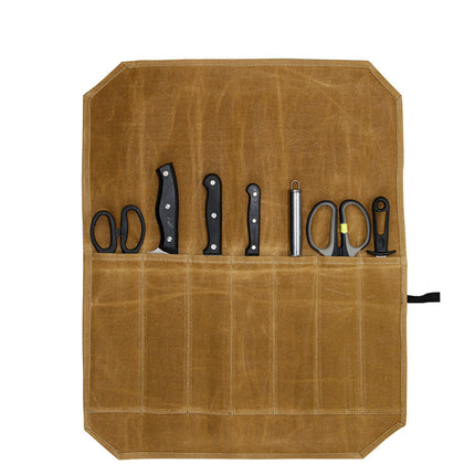 Beige Durable Waxed Canvas Knife Roll Bag - Portable Chef Tool Organizer.