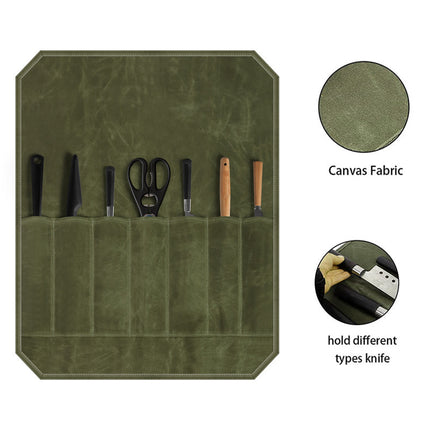 Beige Durable Waxed Canvas Knife Roll Bag - Portable Chef Tool Organizer.