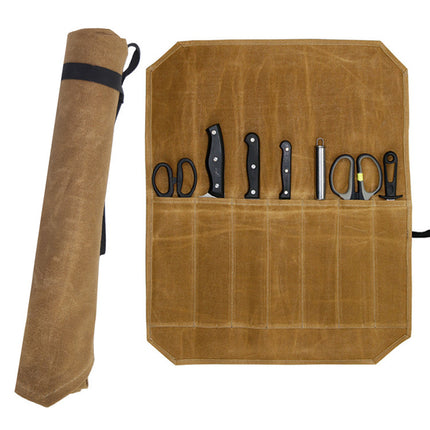 Beige Durable Waxed Canvas Knife Roll Bag - Portable Chef Tool Organizer.