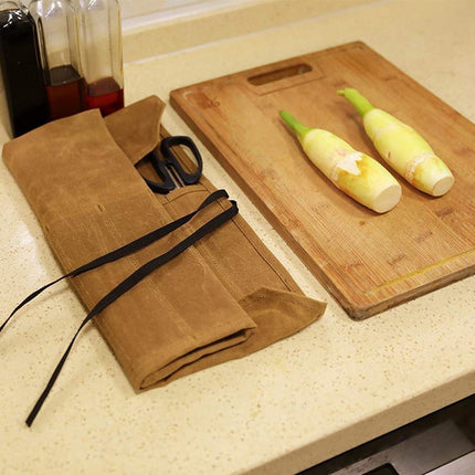 Beige Durable Waxed Canvas Knife Roll Bag - Portable Chef Tool Organizer.