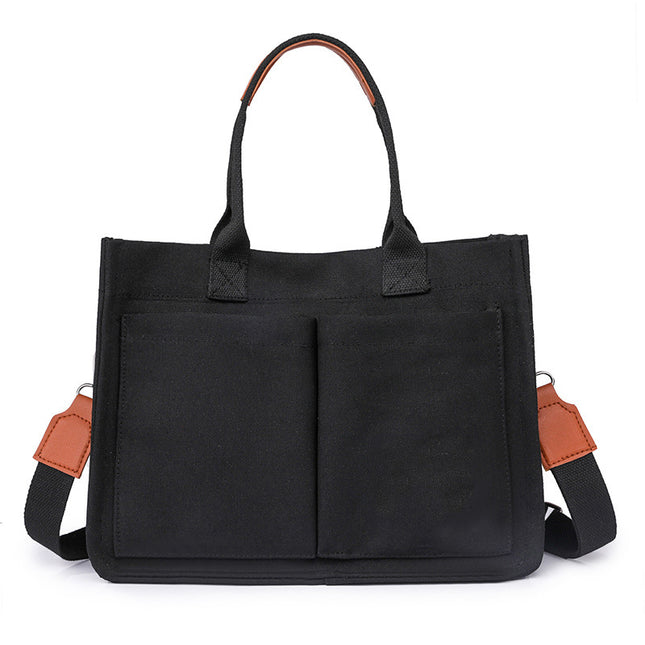 Black Stylish Canvas Briefcase Tote Bag with Large Capacity for Women.