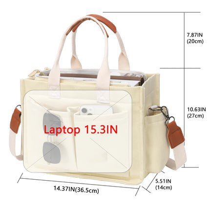 White Stylish Canvas Briefcase Tote Bag with Large Capacity for Women.