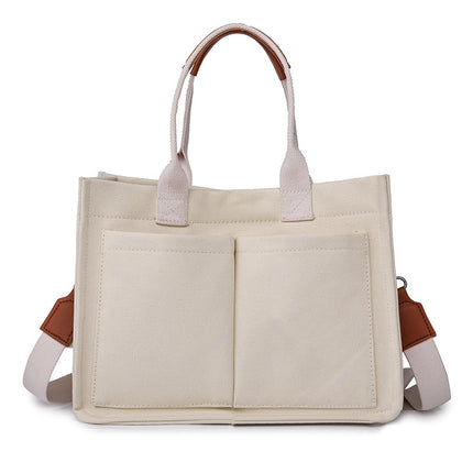 White Stylish Canvas Briefcase Tote Bag with Large Capacity for Women.