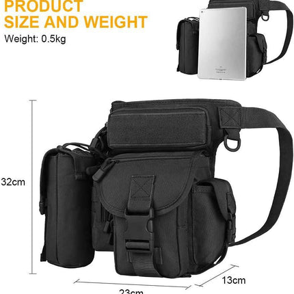 Black Outdoor Tactical Military Leg Bag - Durable Multi-Pocket Utility Waist Pack.