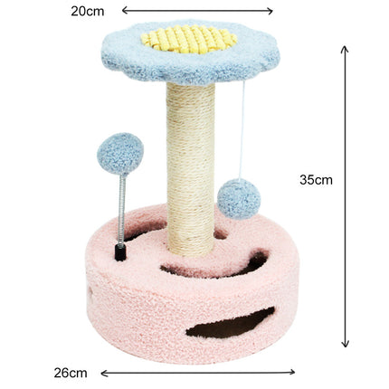 Pink-blue Interactive Cat Scratching Post with Playful Ball Toys, Flower Design - 35cm Height, 26cm Base.