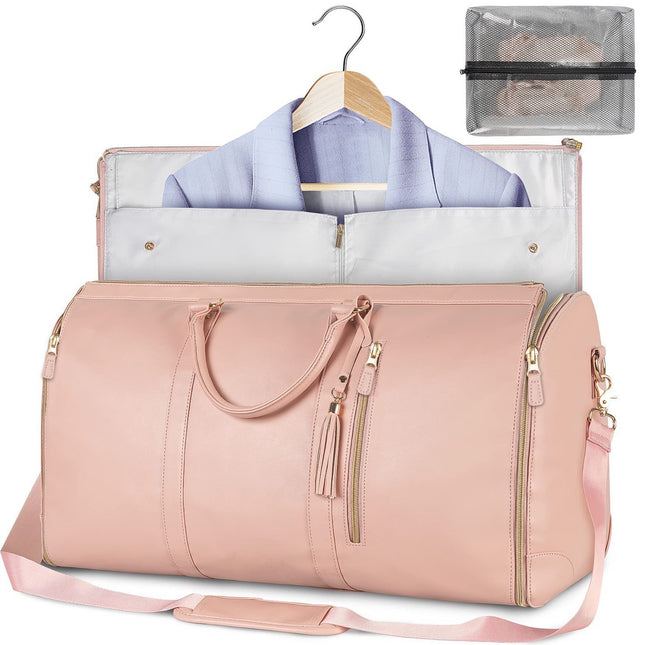 Pink Convertible Garment Duffel Bag with Leather Accents - Travel Weekender Bag for Suits and Dresses.