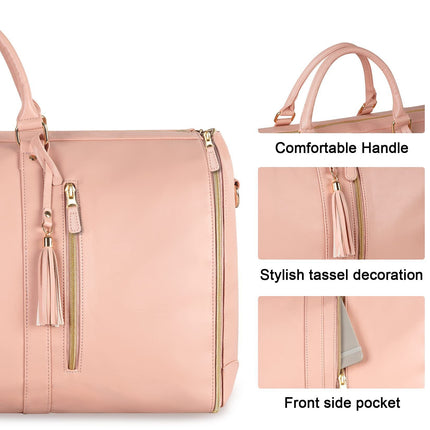 Pink Convertible Garment Duffel Bag with Leather Accents - Travel Weekender Bag for Suits and Dresses.