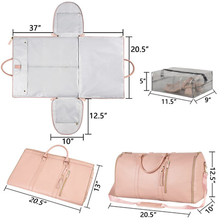 Pink Convertible Garment Duffel Bag with Leather Accents - Travel Weekender Bag for Suits and Dresses.