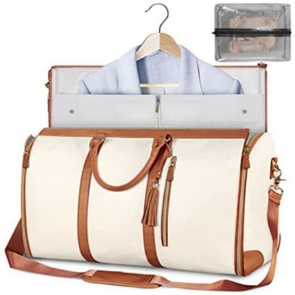 Beige Convertible Garment Duffel Bag with Leather Accents - Travel Weekender Bag for Suits and Dresses.