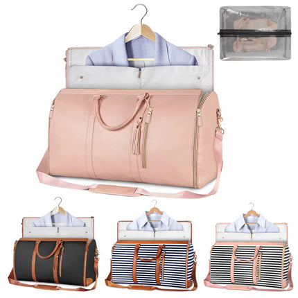 Beige Convertible Garment Duffel Bag with Leather Accents - Travel Weekender Bag for Suits and Dresses.