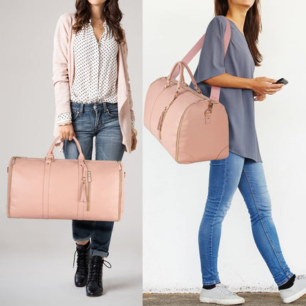 Beige Convertible Garment Duffel Bag with Leather Accents - Travel Weekender Bag for Suits and Dresses.