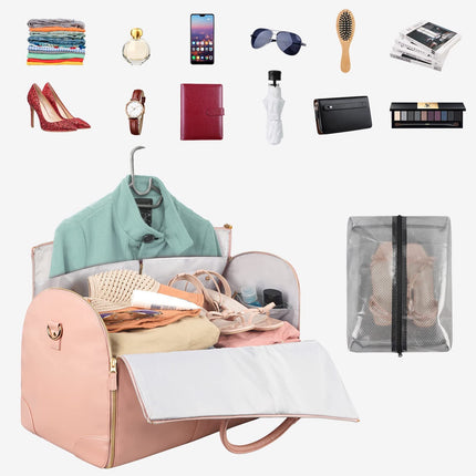 Beige Convertible Garment Duffel Bag with Leather Accents - Travel Weekender Bag for Suits and Dresses.