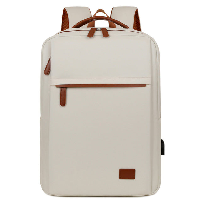 Beige Minimalist USB Charging Laptop Backpack - Elegant and Spacious Travel Bag.