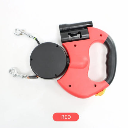 Red Dual Retractable Dog Leash | 2-in-1 Automatic Pet Leash for Walking Two Dogs Simultaneously.