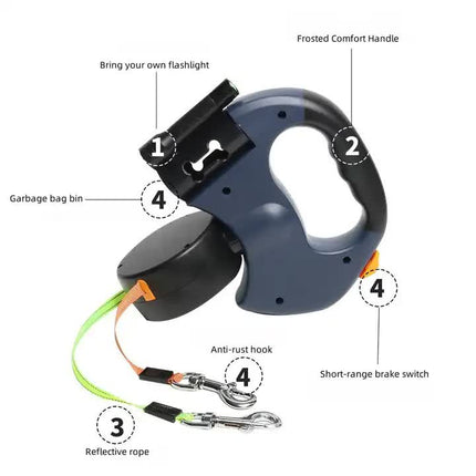 Red Dual Retractable Dog Leash | 2-in-1 Automatic Pet Leash for Walking Two Dogs Simultaneously.