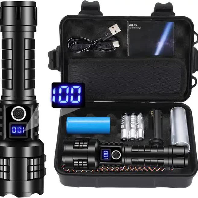 Gift Box LED Self-Defense Flashlight - Powerful Rechargeable Type-C LED Torch with Digital Display for Home & Outdoor Use.