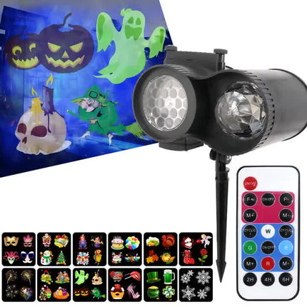 Ground Insert  Outdoor Waterproof Lawn Dual-Tube Projection Light - LED Halloween & Christmas Dynamic Water Ripple Animation, Replaceable 12 Slides, Stake or Stand Mountable.