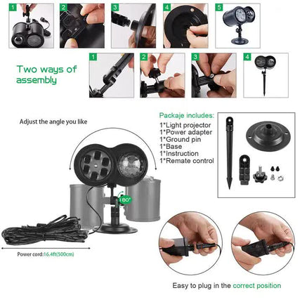 Ground Insert  Outdoor Waterproof Lawn Dual-Tube Projection Light - LED Halloween & Christmas Dynamic Water Ripple Animation, Replaceable 12 Slides, Stake or Stand Mountable.