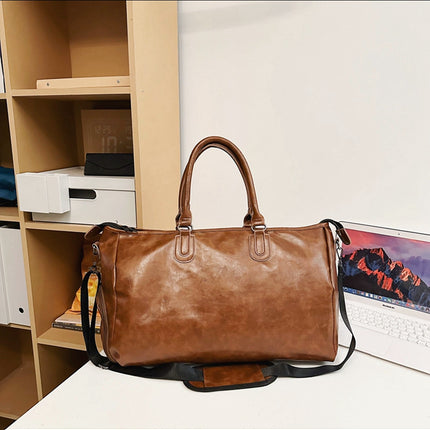 Brown Solid Color Unisex Large Capacity Fitness Bag - Leather Sports Bag, Crossbody Travel Bag, Gym and Luggage Handbag.