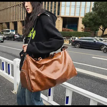 Brown Solid Color Unisex Large Capacity Fitness Bag - Leather Sports Bag, Crossbody Travel Bag, Gym and Luggage Handbag.