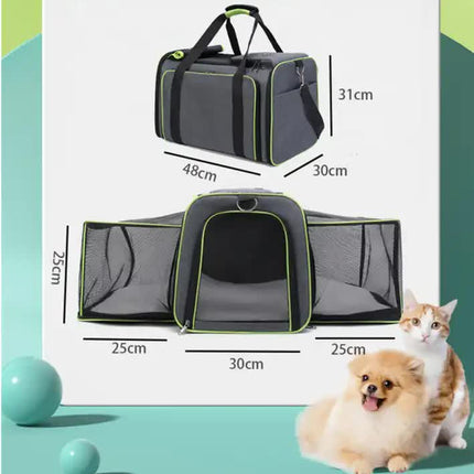 Gray Blue Foldable Portable Pet Carrier Bag - Large Capacity Travel Backpack for Cats and Small Dogs, Expandable Car Pet Bag, Handheld Pet Carrier for Outdoor Adventures.