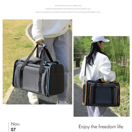 Gray Blue Foldable Portable Pet Carrier Bag - Large Capacity Travel Backpack for Cats and Small Dogs, Expandable Car Pet Bag, Handheld Pet Carrier for Outdoor Adventures.