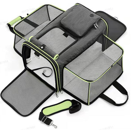 Gray Green Foldable Portable Pet Carrier Bag - Large Capacity Travel Backpack for Cats and Small Dogs, Expandable Car Pet Bag, Handheld Pet Carrier for Outdoor Adventures.