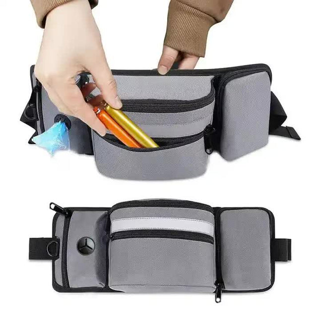Black Portable Dog Training Bag - Multi-Function Pet Snack Pouch, Waste Bag Holder, and Training Waist Bag for Dog Walking and Outdoor Adventures.